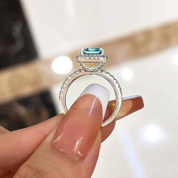 Louily Exclusive Halo Asscher Cut Light Aquamarine Blue Engagement Ring In Sterling Silver