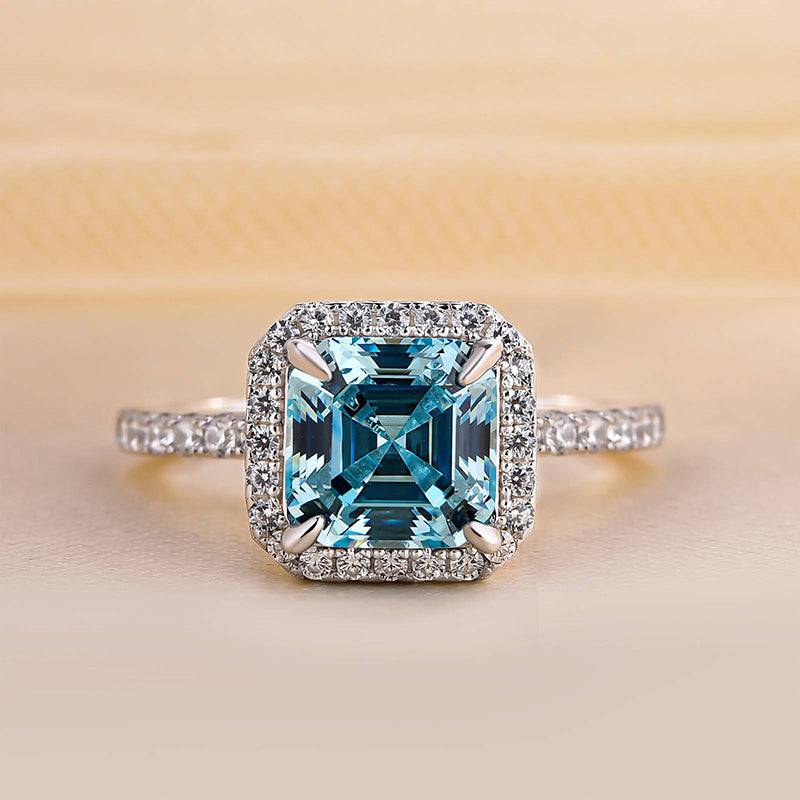 Louily Exclusive Halo Asscher Cut Light Aquamarine Blue Engagement Ring In Sterling Silver - louilyjewelry