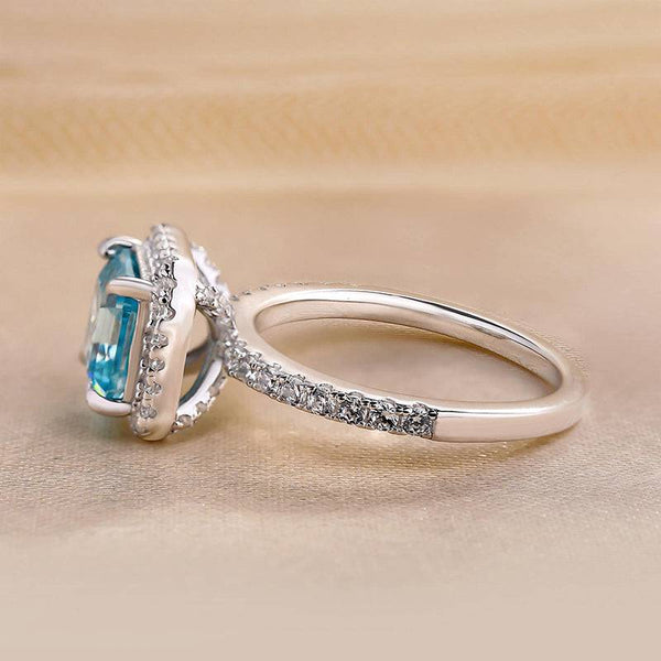 Louily Exclusive Halo Asscher Cut Light Aquamarine Blue Engagement Ring In Sterling Silver