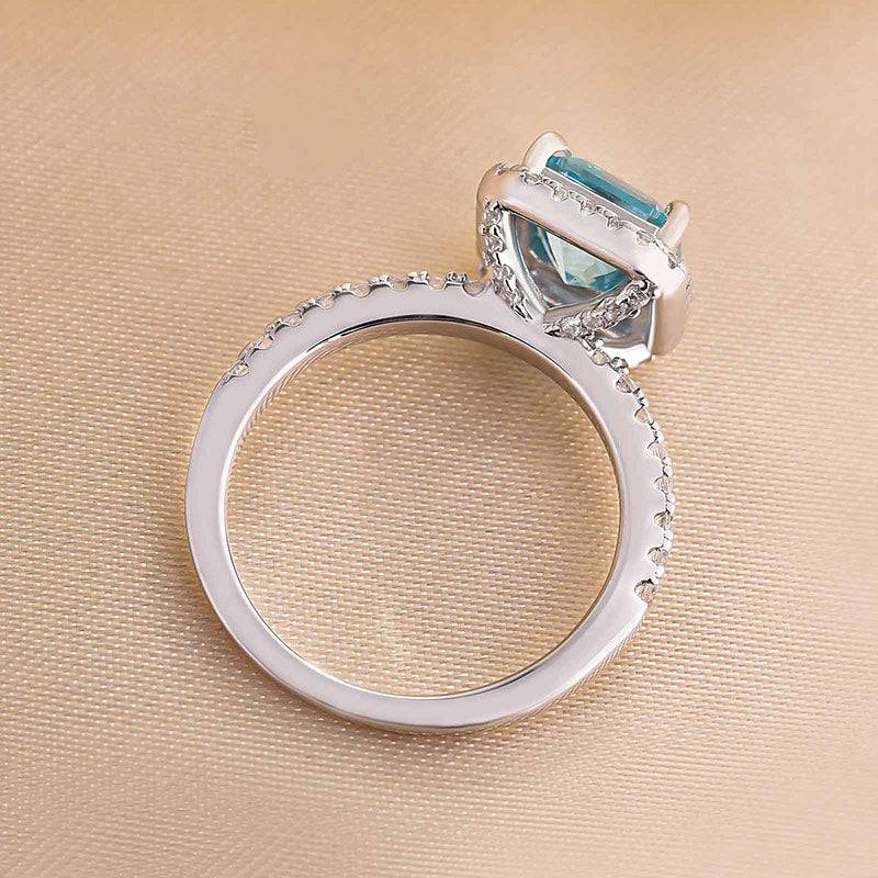 Louily Exclusive Halo Asscher Cut Light Aquamarine Blue Engagement Ring In Sterling Silver - louilyjewelry