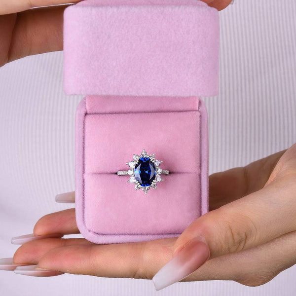 Louily Exclusive Halo Oval Cut Blue Sapphire Engagement Ring In Sterling Silver