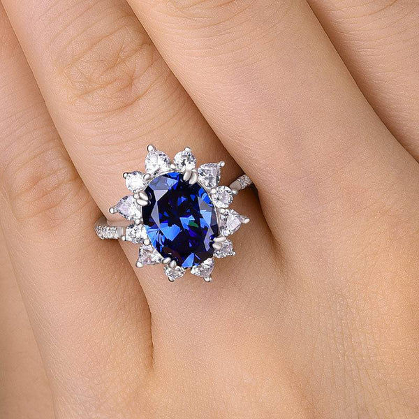 Louily Exclusive Halo Oval Cut Blue Sapphire Engagement Ring In Sterling Silver