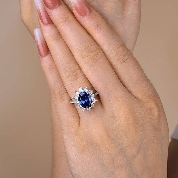 Louily Exclusive Halo Oval Cut Blue Sapphire Engagement Ring In Sterling Silver