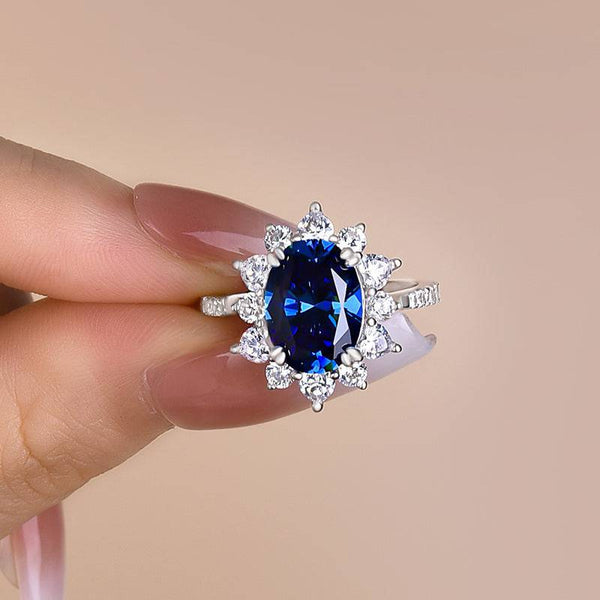 Louily Exclusive Halo Oval Cut Blue Sapphire Engagement Ring In Sterling Silver