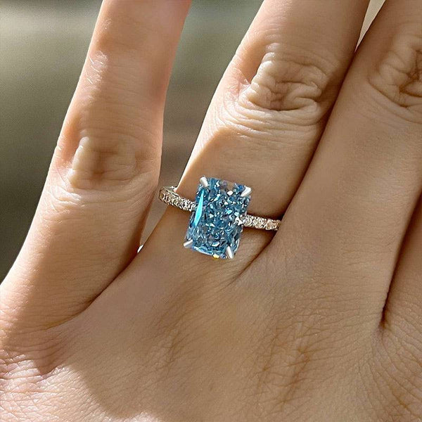 Louily Exclusive Radiant Cut Light Aquamarine Blue Engagement Ring In Sterling Silver