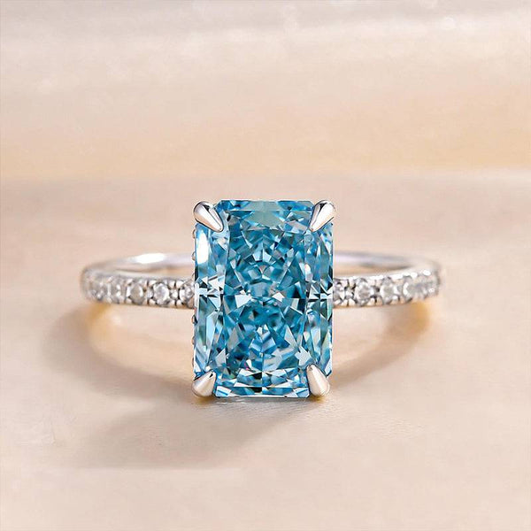 Louily Exclusive Radiant Cut Light Aquamarine Blue Engagement Ring In Sterling Silver