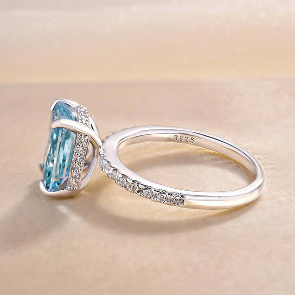 Louily Exclusive Radiant Cut Light Aquamarine Blue Engagement Ring In Sterling Silver