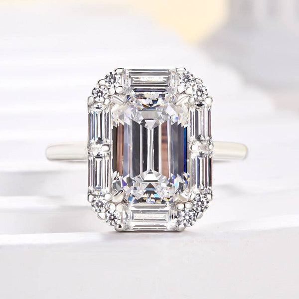 Louily Exquisite Halo Emerald Cut Engagement Ring