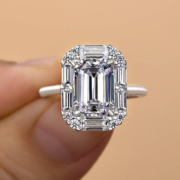 Louily Exquisite Halo Emerald Cut Engagement Ring