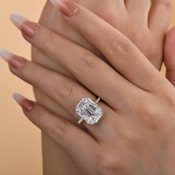 Louily Exquisite Halo Emerald Cut Engagement Ring