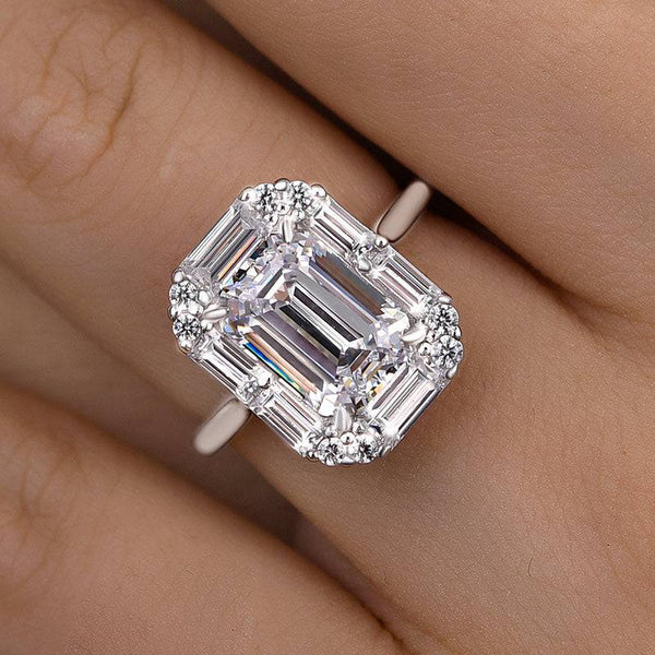 Louily Exquisite Halo Emerald Cut Engagement Ring