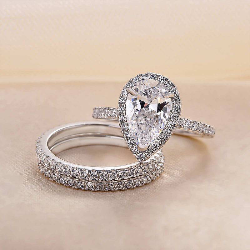 Louily Exquisite Halo Pear Cut 3PC Wedding Ring Set In Sterling Silver - louilyjewelry