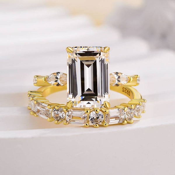 Louily Exquisite Yellow Gold Emerald Cut Three Stone Wedding set For Women In Sterling Silver