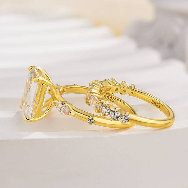 Louily Exquisite Yellow Gold Emerald Cut Three Stone Wedding set For Women In Sterling Silver