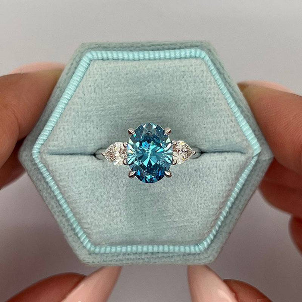 Louily Fashion Oval Cut Three Stone Aquamarine Blue Engagement Ring In Sterling Silver