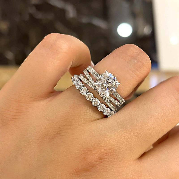 Louily Gorgeous 4 Prong Round Cut Simulated Diamond Wedding Ring Set In Sterling Silver