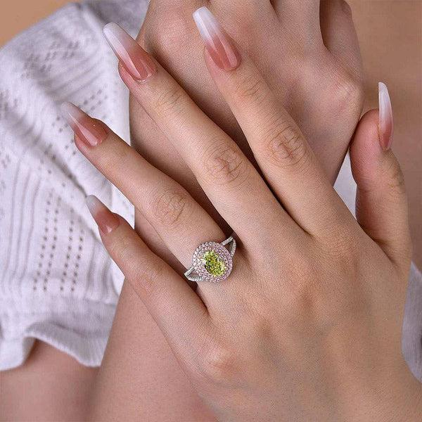 Louily Gorgeous Double Halo Oval Cut Apple Green Engagement Ring In Sterling Silver