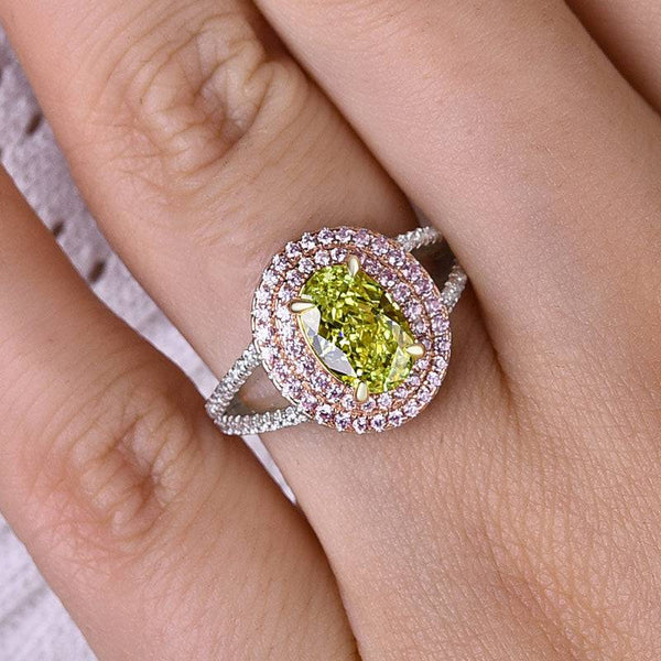 Louily Gorgeous Double Halo Oval Cut Apple Green Engagement Ring In Sterling Silver