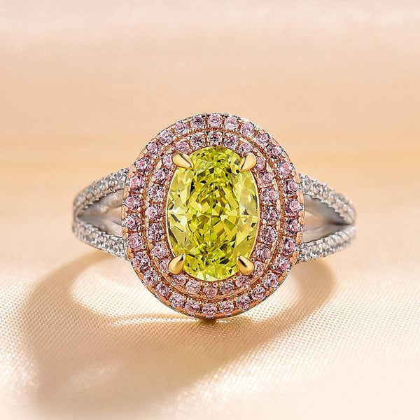 Louily Gorgeous Double Halo Oval Cut Apple Green Engagement Ring In Sterling Silver