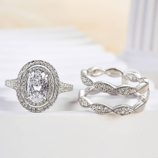 Louily Gorgeous Double Halo Oval Cut Insert Wedding Ring Set In Sterling Silver