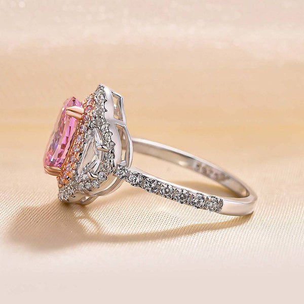 Louily Gorgeous Double Halo Oval Cut Pink Sapphire Three Stone Engagement Ring In Sterling Silver