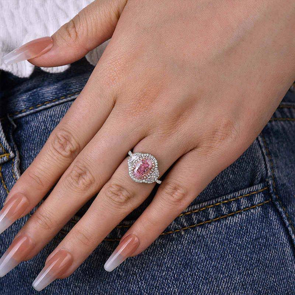 Louily Gorgeous Double Halo Oval Cut Pink Sapphire Three Stone Engagement Ring In Sterling Silver