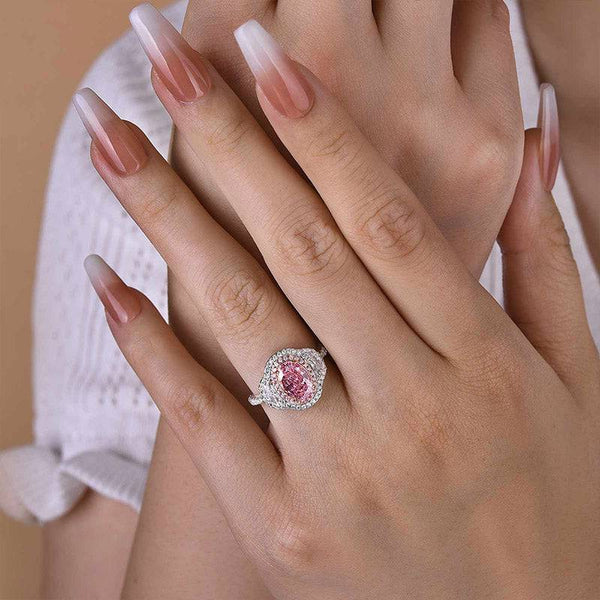 Louily Gorgeous Double Halo Oval Cut Pink Sapphire Three Stone Engagement Ring In Sterling Silver