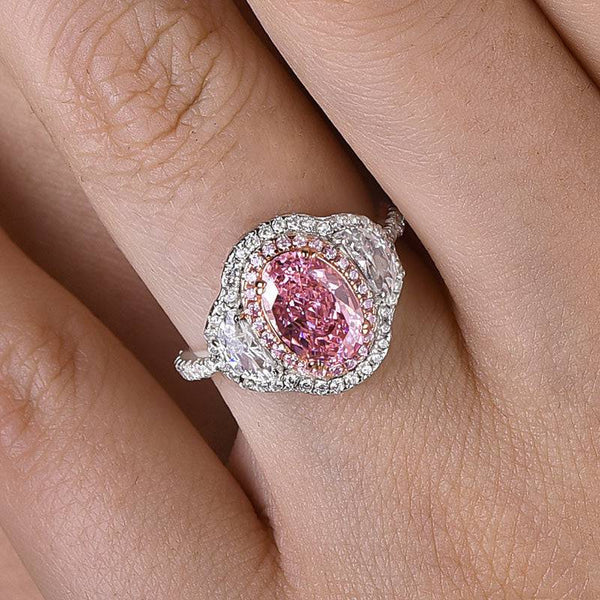 Louily Gorgeous Double Halo Oval Cut Pink Sapphire Three Stone Engagement Ring In Sterling Silver