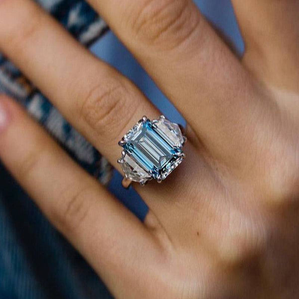 Louily Gorgeous Emerald Cut Light Aquamarine Blue Three Stone Engagement Ring