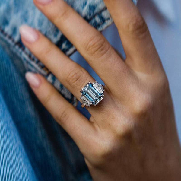 Louily Gorgeous Emerald Cut Light Aquamarine Blue Three Stone Engagement Ring