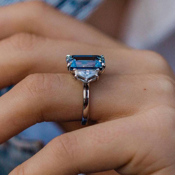 Louily Gorgeous Emerald Cut Light Aquamarine Blue Three Stone Engagement Ring