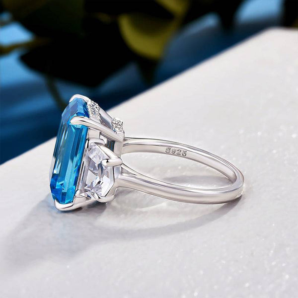 Louily Gorgeous Emerald Cut Light Aquamarine Blue Three Stone Engagement Ring In Sterling Silver