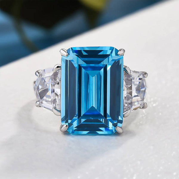 Louily Gorgeous Emerald Cut Light Aquamarine Blue Three Stone Engagement Ring In Sterling Silver