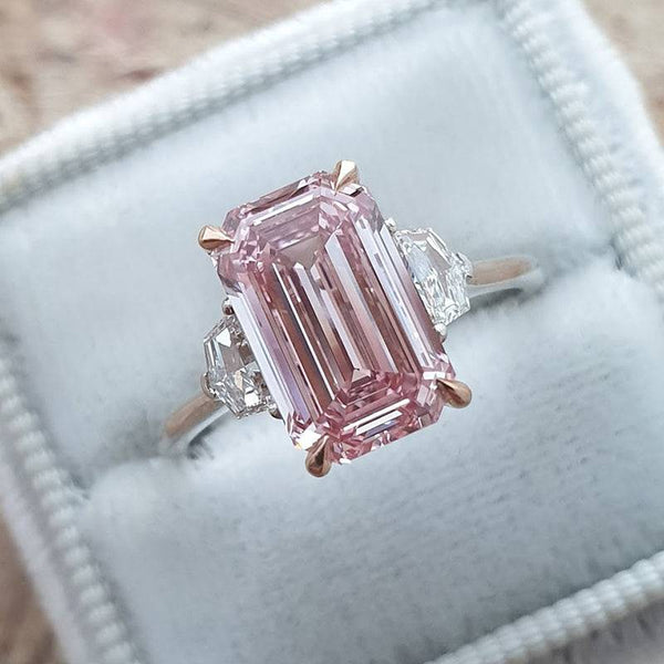 Louily Gorgeous Emerald Cut Morganite Pink Three Stone Engagement Ring In Sterling Silver