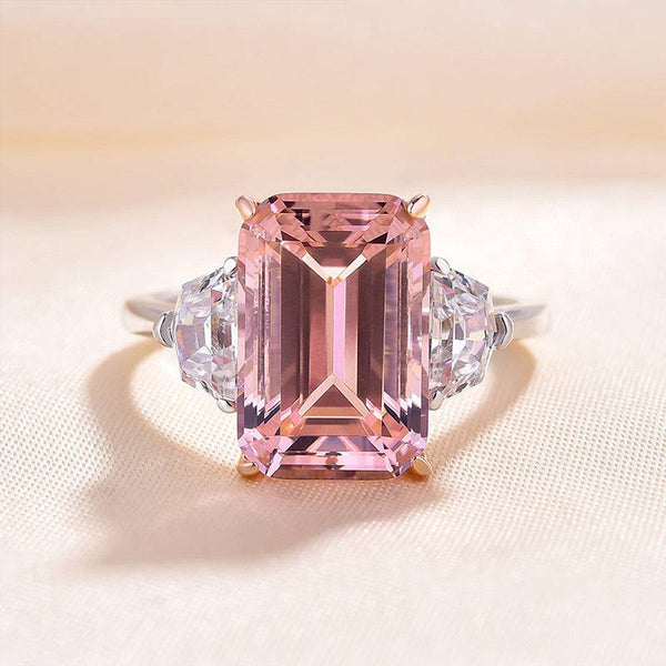 Louily Gorgeous Emerald Cut Morganite Pink Three Stone Engagement Ring In Sterling Silver