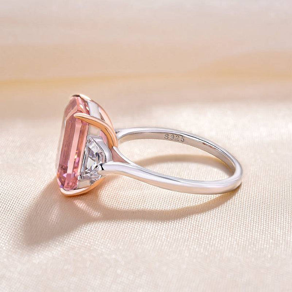 Louily Gorgeous Emerald Cut Morganite Pink Three Stone Engagement Ring In Sterling Silver