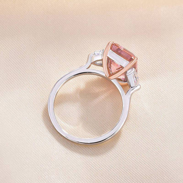 Louily Gorgeous Emerald Cut Morganite Pink Three Stone Engagement Ring In Sterling Silver