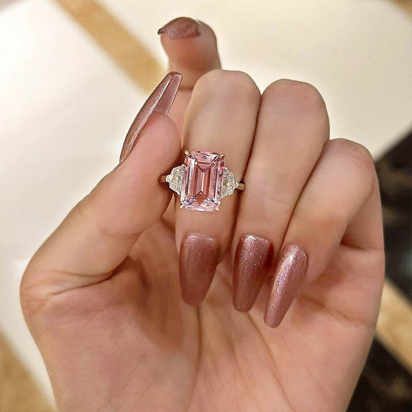 Louily Gorgeous Emerald Cut Morganite Pink Three Stone Engagement Ring In Sterling Silver