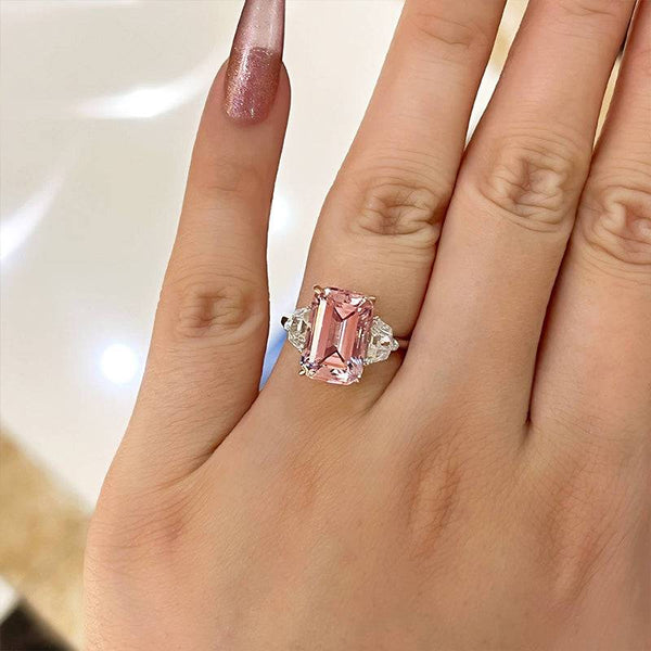 Louily Gorgeous Emerald Cut Morganite Pink Three Stone Engagement Ring In Sterling Silver