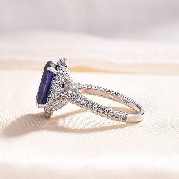 Louily Gorgeous Halo Cushion Cut Blue Sapphire Engagement Ring In Sterling Silver