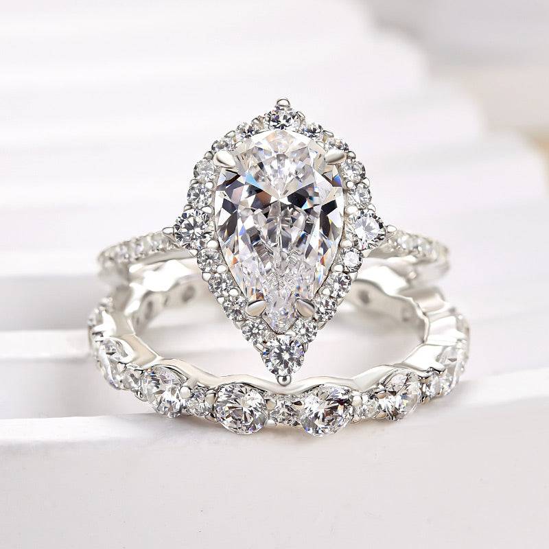 Louily Gorgeous Halo Pear Cut Bridal Ring Set In Sterling Silver - louilyjewelry