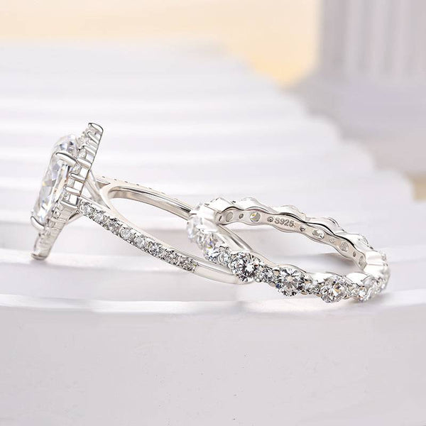 Louily Gorgeous Halo Pear Cut Bridal Ring Set In Sterling Silver