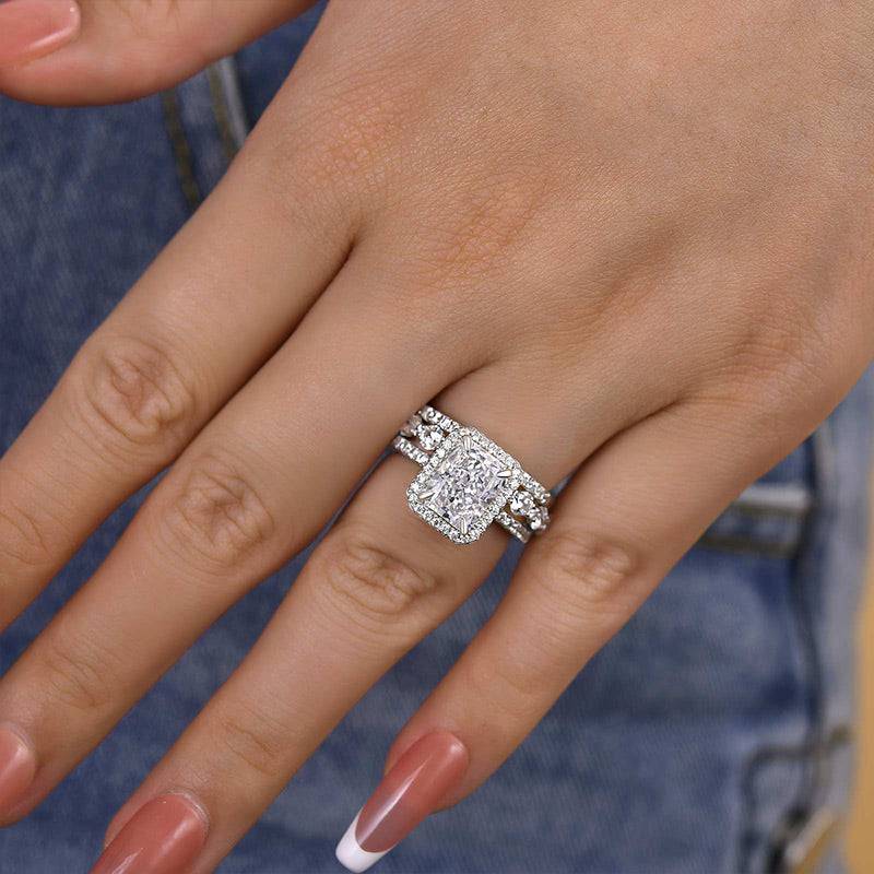 Louily Gorgeous Halo Radiant Cut 3PC Wedding Ring Set For Women In Sterling Silver - louilyjewelry