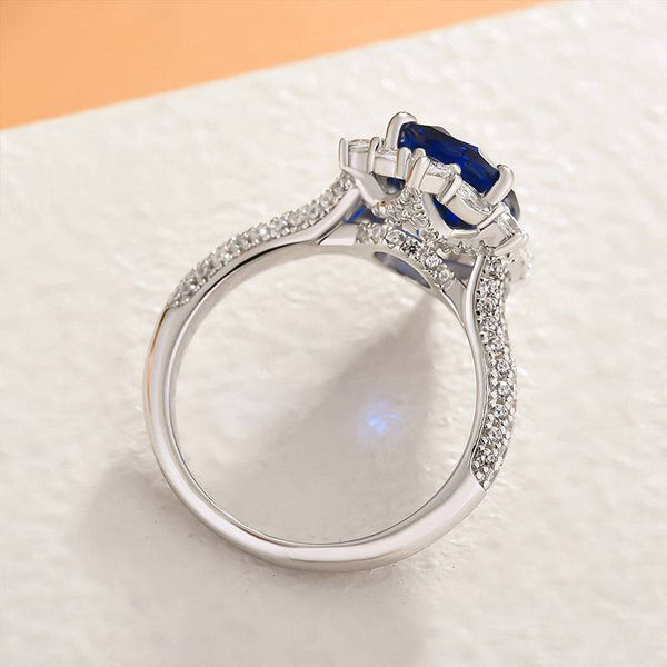 Louily Gorgeous Halo Split Shank Oval Cut Blue Sapphire Engagement Ring