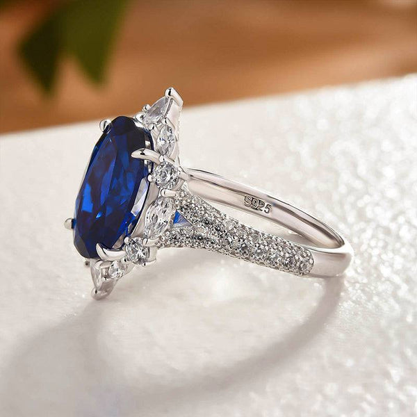 Louily Gorgeous Halo Split Shank Oval Cut Blue Sapphire Engagement Ring