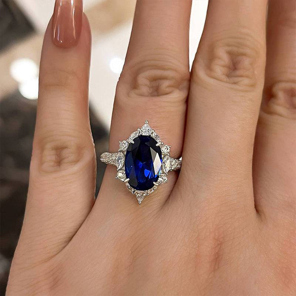 Louily Gorgeous Halo Split Shank Oval Cut Blue Sapphire Engagement Ring