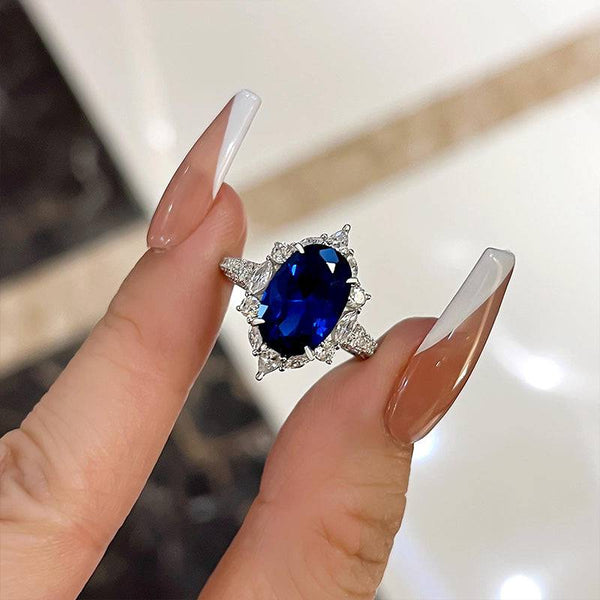 Louily Gorgeous Halo Split Shank Oval Cut Blue Sapphire Engagement Ring