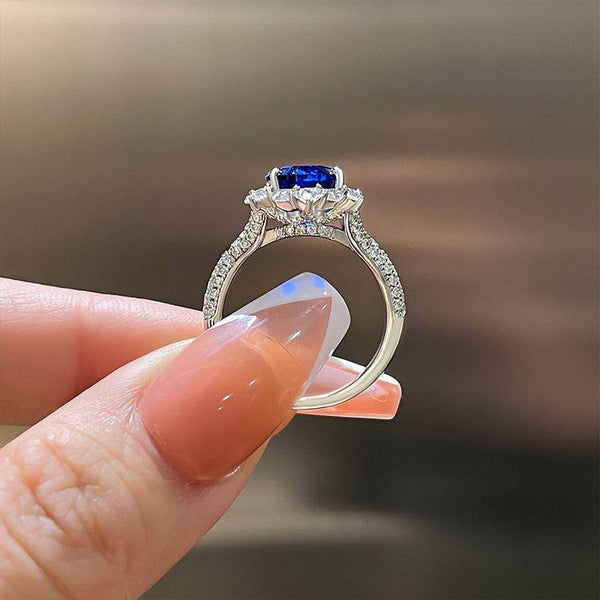 Louily Gorgeous Halo Split Shank Oval Cut Blue Sapphire Engagement Ring