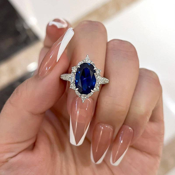 Louily Gorgeous Halo Split Shank Oval Cut Blue Sapphire Engagement Ring