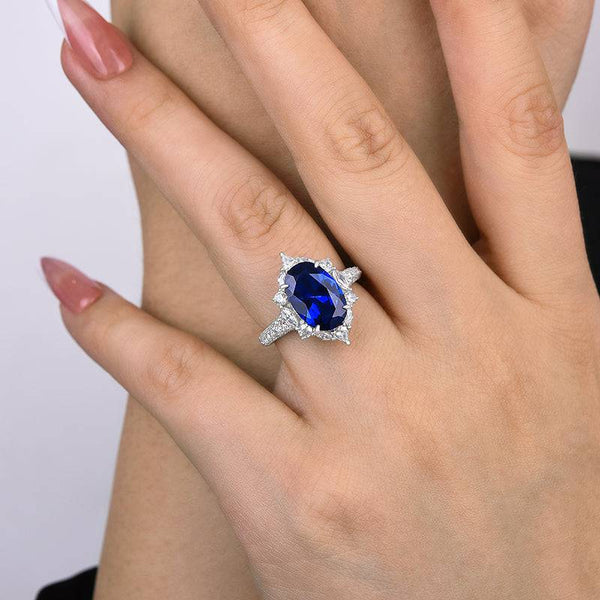 Louily Gorgeous Halo Split Shank Oval Cut Blue Sapphire Engagement Ring